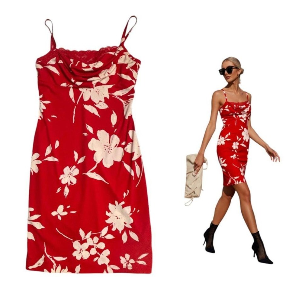 90'S VINTAGE‎ RAMPAGE RED TROPICAL LACE DRESS MEDIUM EUC - Picture 2 of 5